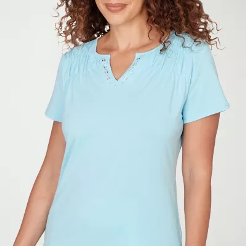 Hearts Of Palm Womens Split Crew Neck Short Sleeve Embellished Blouse