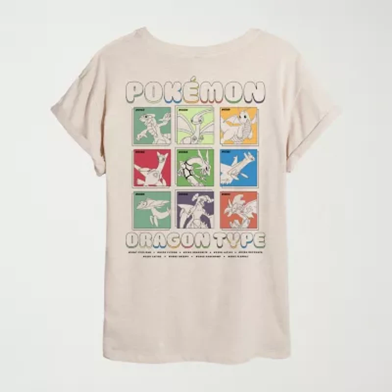 Womens Juniors Crew Neck Short Sleeve Oversized Pokemon Graphic T-Shirt