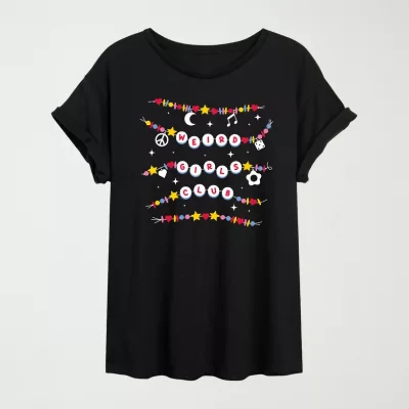 Womens Juniors Crew Neck Short Sleeve Oversized Graphic T-Shirt