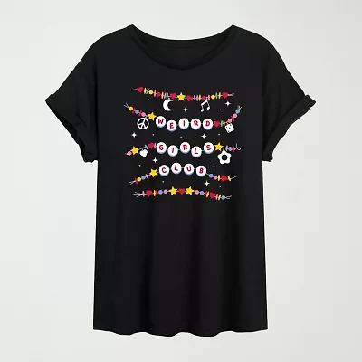 Womens Juniors Crew Neck Short Sleeve Oversized Graphic T-Shirt
