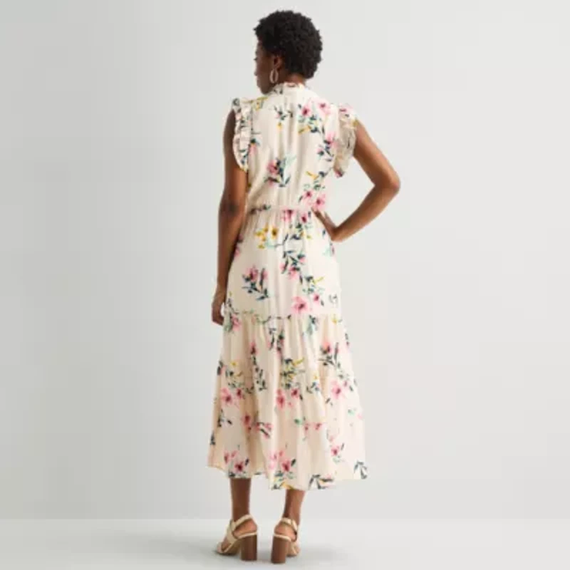 Sandra Darren Womens Notch Neck Sleeveless Ruffled Maxi Dress