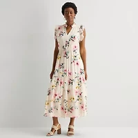 Sandra Darren Womens Notch Neck Sleeveless Ruffled Maxi Dress