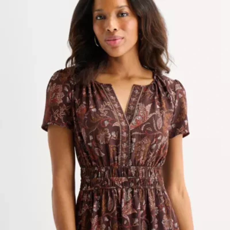 Be by CHETTA B Womens Notch Neck Short Sleeve Fitted Floral Fit + Flare Dress