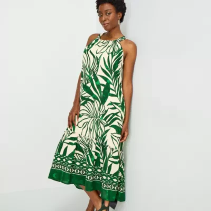Sandra Darren Womens Midi Round Neck Sleeveless Leaf Shift Dress