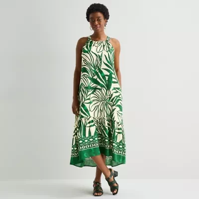 Sandra Darren Womens Midi Round Neck Sleeveless Leaf Shift Dress