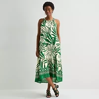 Sandra Darren Womens Midi Round Neck Sleeveless Leaf Shift Dress