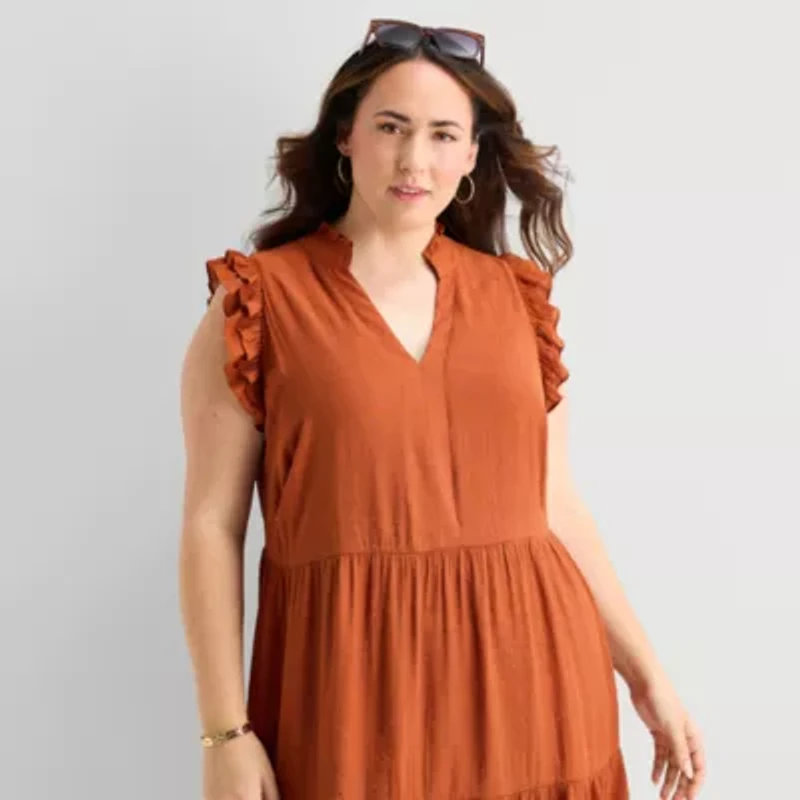 52seven Womens Plus Midi V Neck Sleeveless Shift Dress