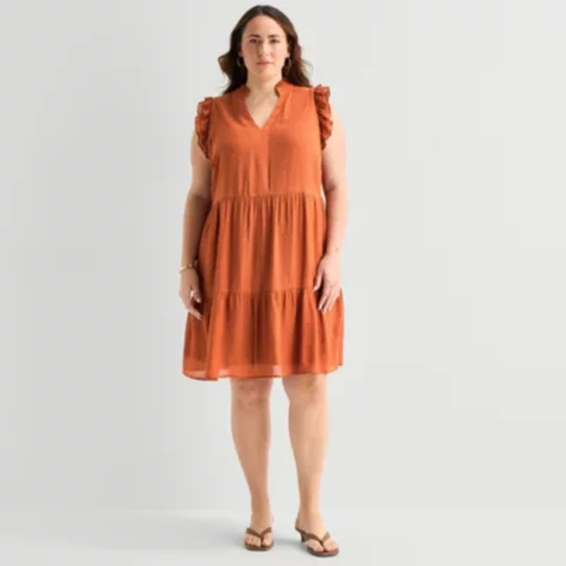 52seven Womens Plus Midi V Neck Sleeveless Shift Dress