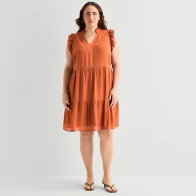 52seven Womens Plus Midi V Neck Sleeveless Shift Dress