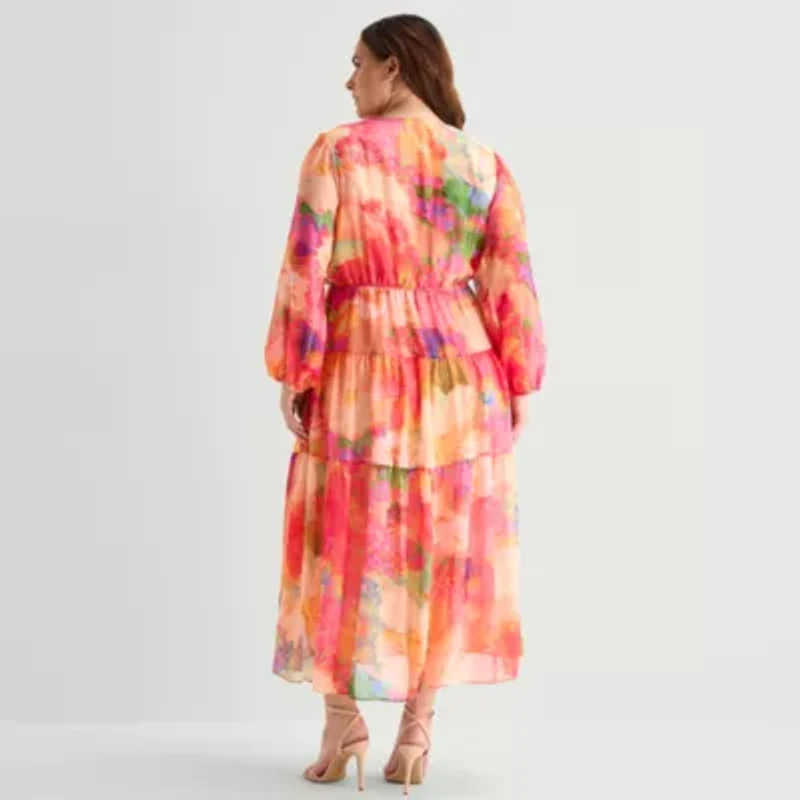 Robbie Bee Womens Plus V Neck Long Sleeve Balloon Maxi Dress