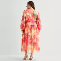 Robbie Bee Womens Plus V Neck Long Sleeve Balloon Maxi Dress