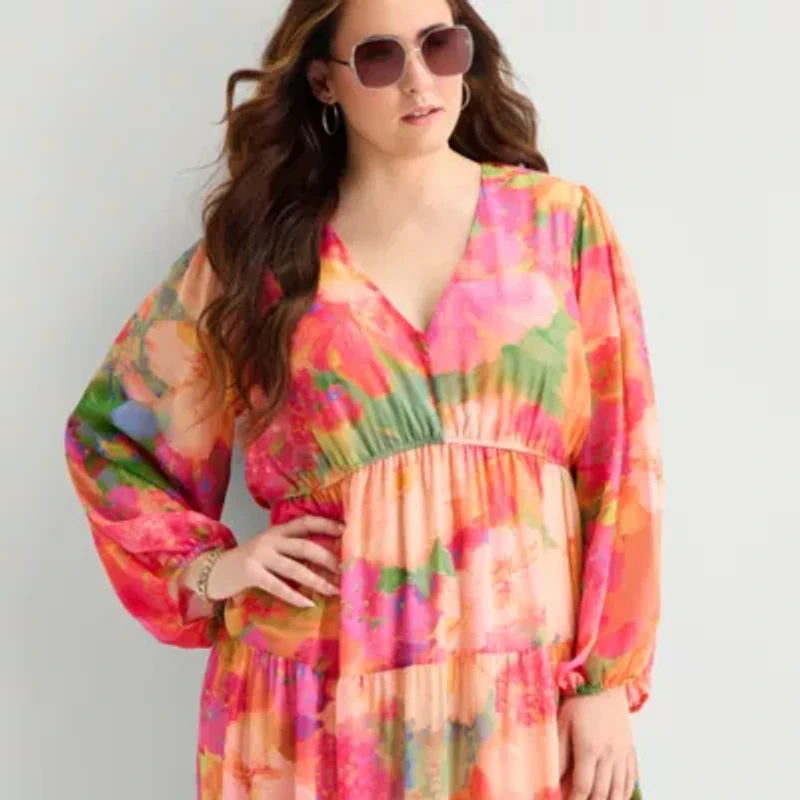 Robbie Bee Womens Plus V Neck Long Sleeve Balloon Maxi Dress