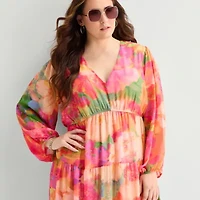 Robbie Bee Womens Plus V Neck Long Sleeve Balloon Maxi Dress
