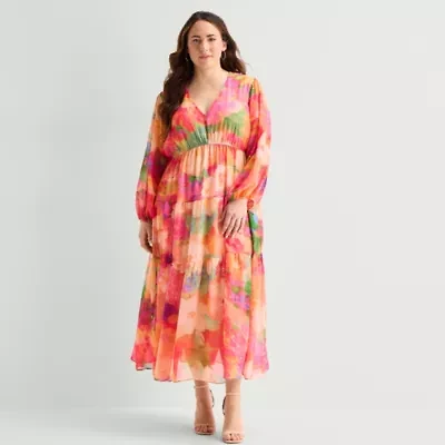 Robbie Bee Womens Plus V Neck Long Sleeve Balloon Maxi Dress