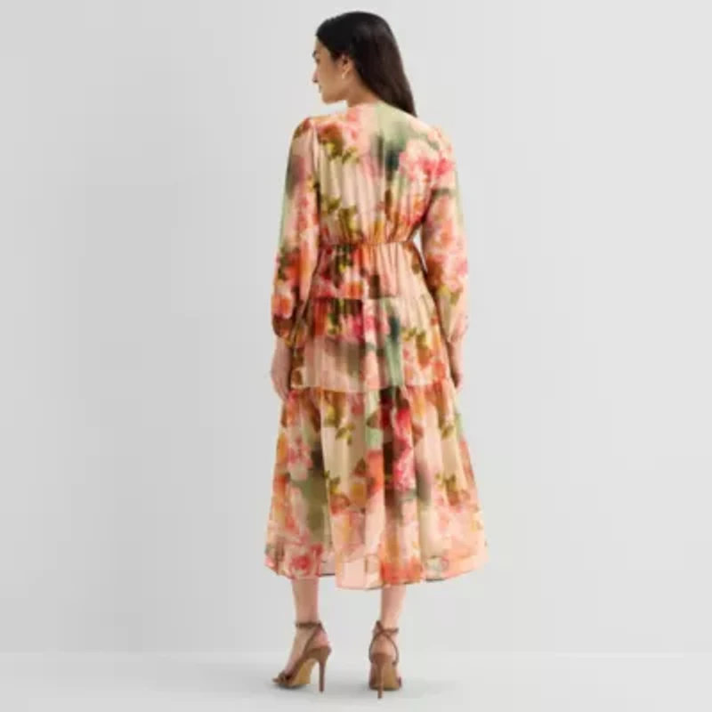Robbie Bee Womens Petite V Neck Long Sleeve Puffed Maxi Dress
