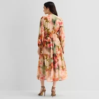 Robbie Bee Womens Petite V Neck Long Sleeve Puffed Maxi Dress