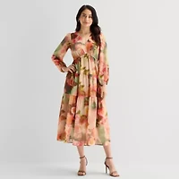 Robbie Bee Womens Petite V Neck Long Sleeve Puffed Maxi Dress