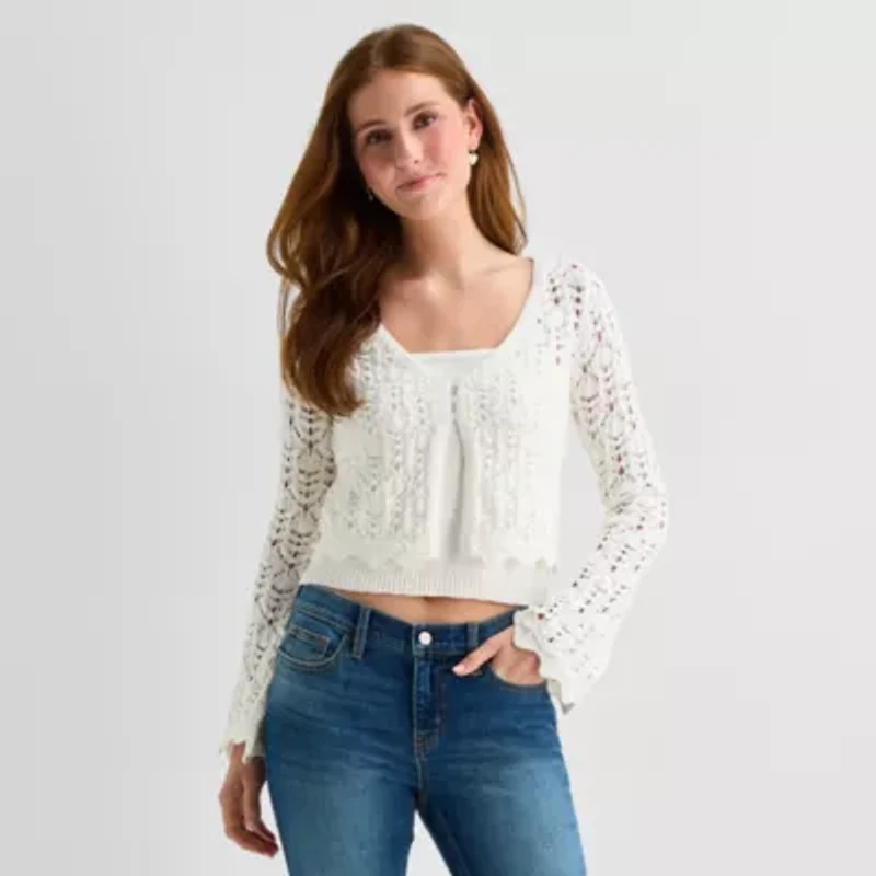 Arizona Womens Juniors Long Sleeve Button Cardigan