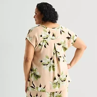 Liz Claiborne Womens Plus Split Crew Neck Short Sleeve Satin Blouse