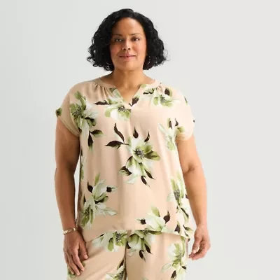 Liz Claiborne Womens Plus Split Crew Neck Short Sleeve Satin Blouse