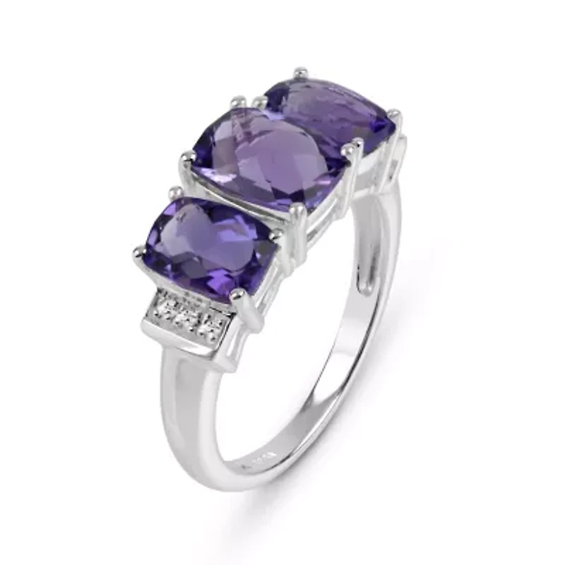 Genuine Amethyst and Diamond Accent Sterling Silver 3 Stone Ring
