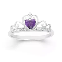 Heart-Shaped Simulated Amethyst & Cubic Zirconia Sterling Silver Ring