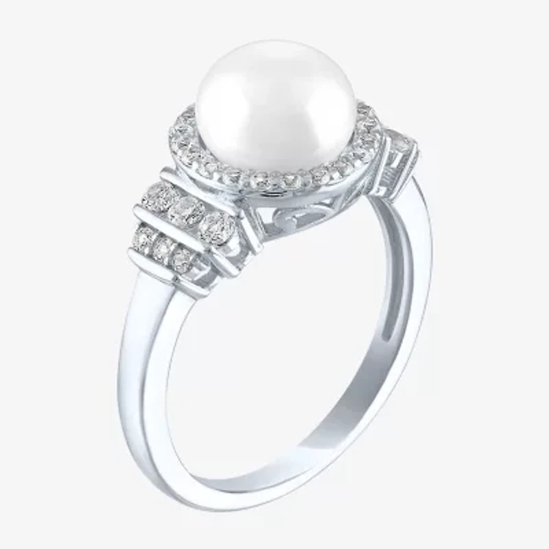 Womens 8MM White Cultured Freshwater Pearl Sterling Silver Halo Cocktail Ring