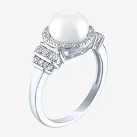 Womens 8MM White Cultured Freshwater Pearl Sterling Silver Halo Cocktail Ring