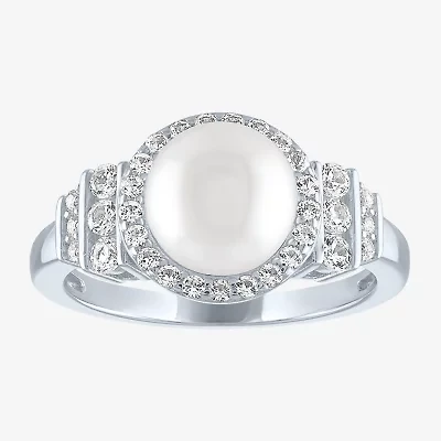 Womens 8MM White Cultured Freshwater Pearl Sterling Silver Halo Cocktail Ring