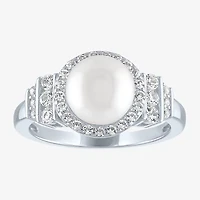 Womens 8MM White Cultured Freshwater Pearl Sterling Silver Halo Cocktail Ring
