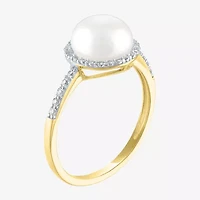Womens 8MM White Cultured Freshwater Pearl 10K Gold Sterling Silver Halo Cocktail Ring