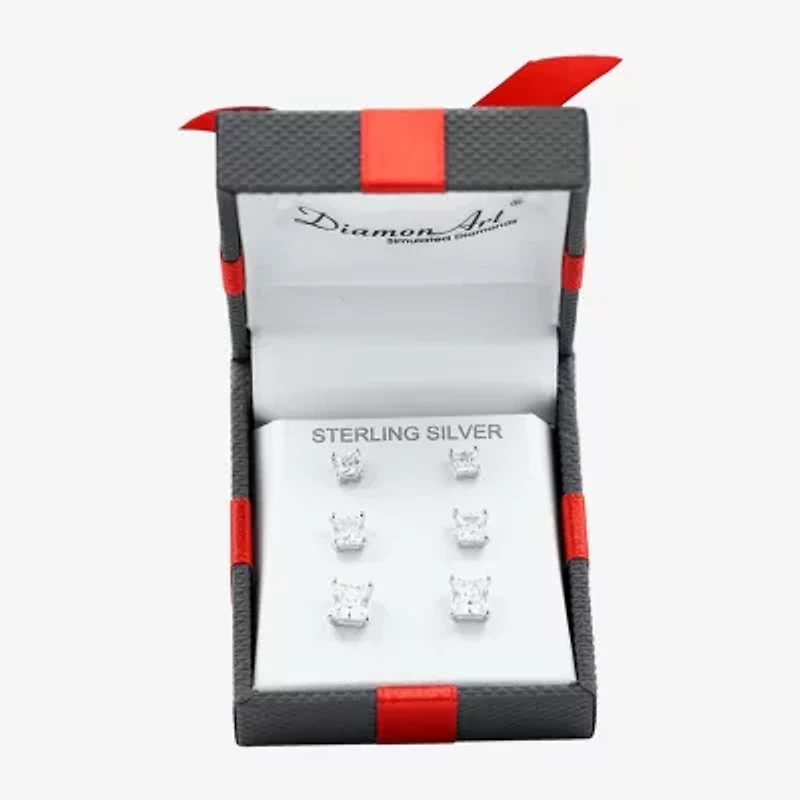 Diamonart Womens Cubic Zirconia Sterling Silver Square 3 Pair Earring Set