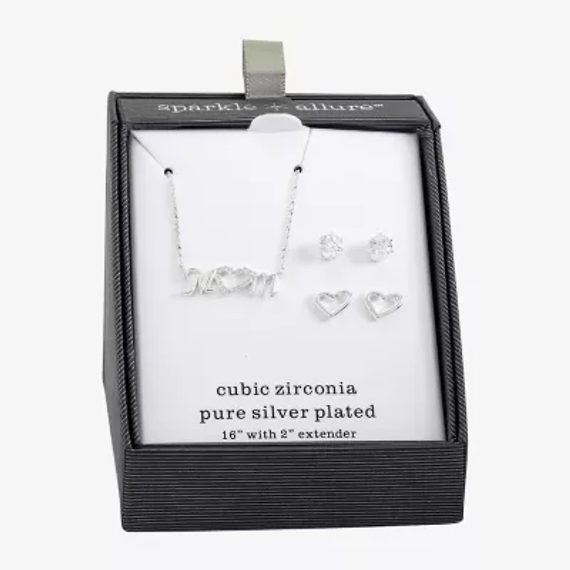 Sparkle Allure Mom Womens Cubic Zirconia Pure Silver Over Brass Heart 3-pc. Jewelry Set
