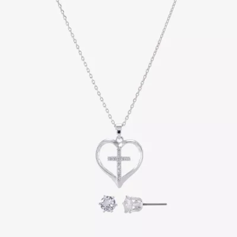 Sparkle Allure Womens Cubic Zirconia Pure Silver Over Brass Cross Heart 2-pc. Jewelry Set