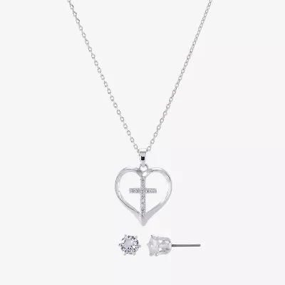 Sparkle Allure Womens Cubic Zirconia Pure Silver Over Brass Cross Heart 2-pc. Jewelry Set