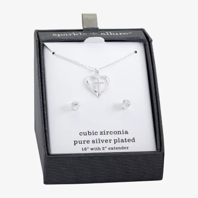 Sparkle Allure Womens Cubic Zirconia Pure Silver Over Brass Cross Heart 2-pc. Jewelry Set