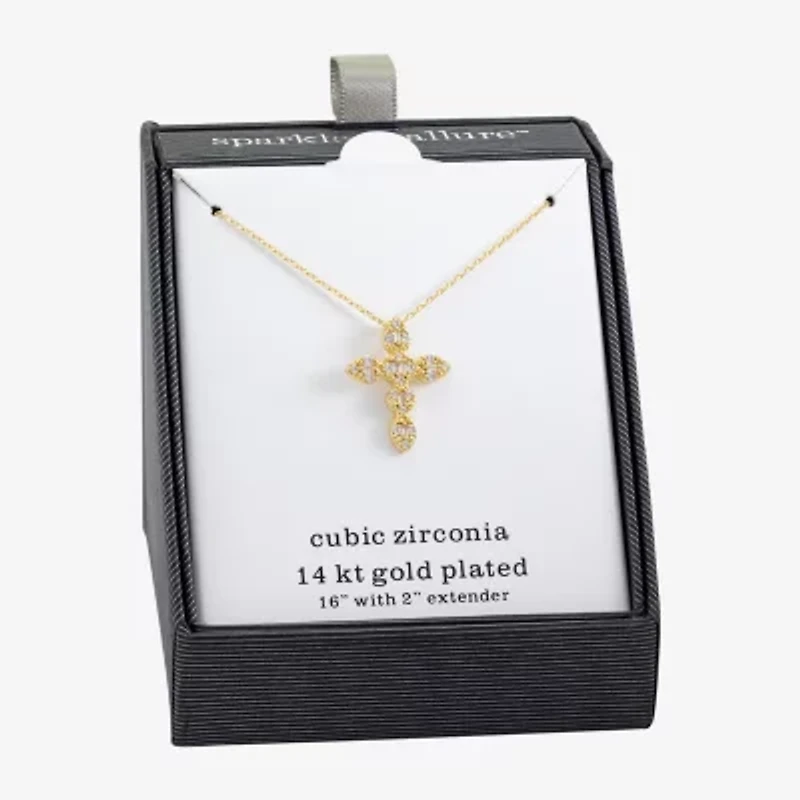 Sparkle Allure Womens Cubic Zirconia 14K Gold Over Brass Cross 16 Inch Pendant Necklace