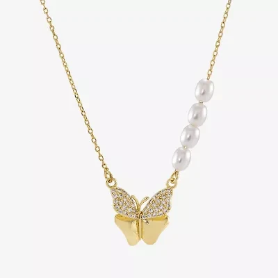 Sparkle Allure Womens Simulated Pearl 14K Gold Over Brass Butterfly 16 Inch Pendant Necklace