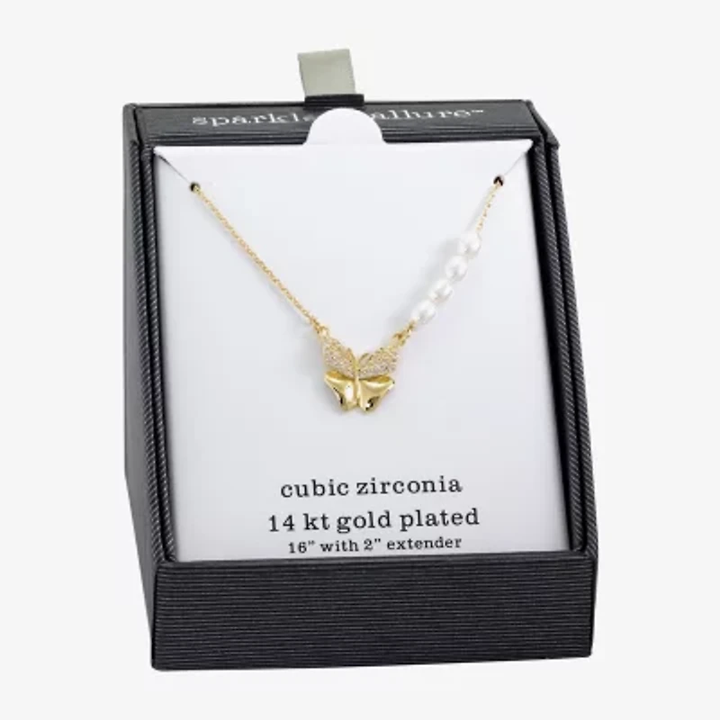 Sparkle Allure Womens Simulated Pearl 14K Gold Over Brass Butterfly 16 Inch Pendant Necklace