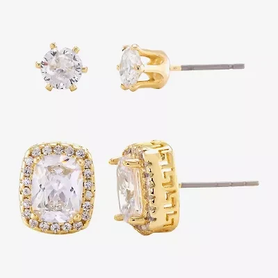 Sparkle Allure Halo Womens Cubic Zirconia 14K Gold Over Brass 2 Pair Earring Set
