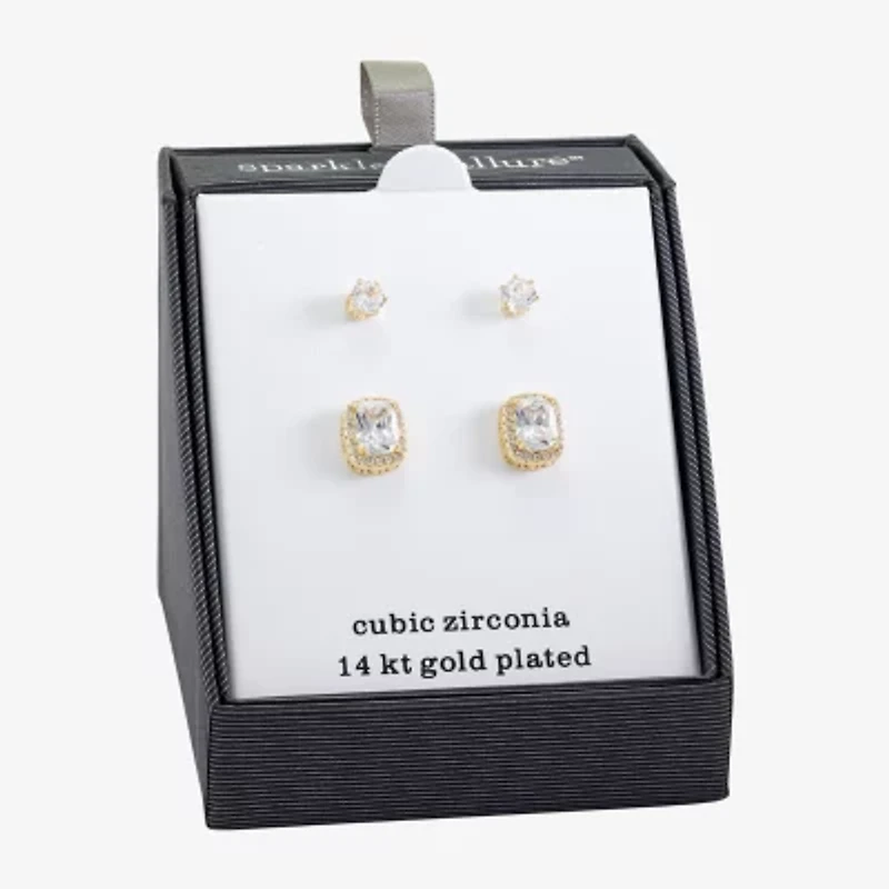Sparkle Allure Halo Womens Cubic Zirconia 14K Gold Over Brass 2 Pair Earring Set