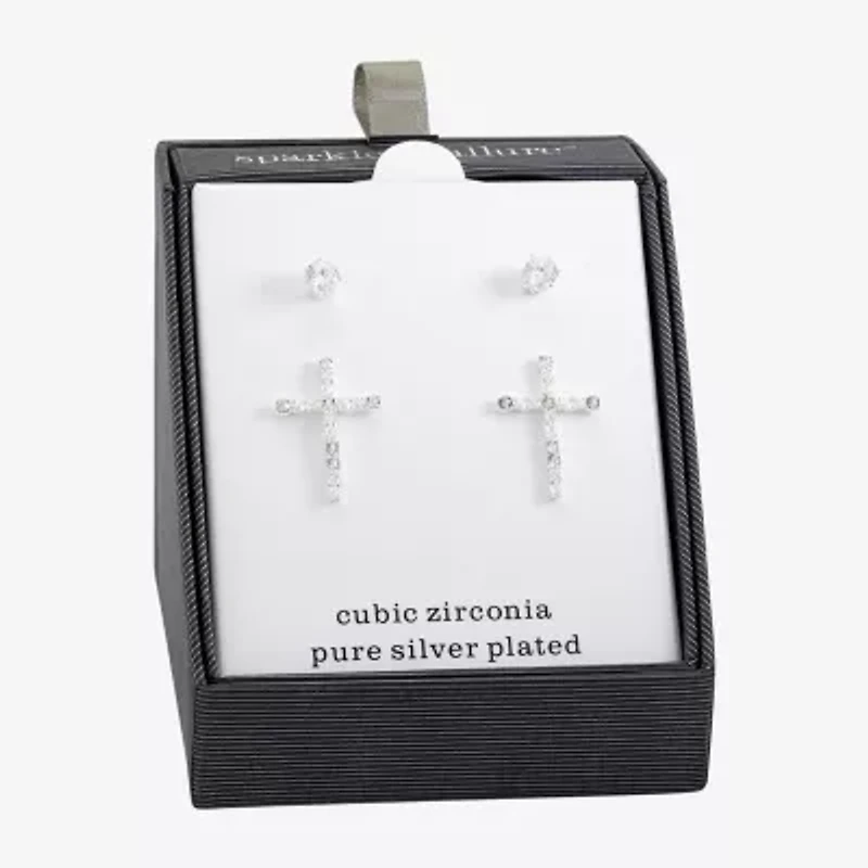 Sparkle Allure Womens Cubic Zirconia Cross 2 Pair Earring Set