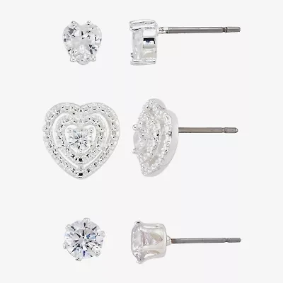 Sparkle Allure Womens Cubic Zirconia Heart 3 Pair Earring Set