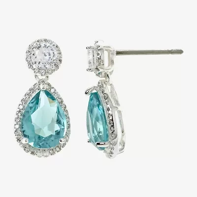 Sparkle Allure Halo Womens Blue Cubic Zirconia Pure Silver Over Brass Pear Drop Earrings
