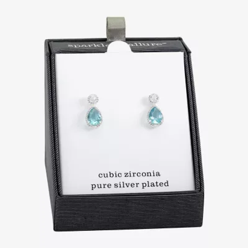 Sparkle Allure Halo Womens Blue Cubic Zirconia Pure Silver Over Brass Pear Drop Earrings