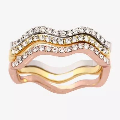 Sparkle Allure Wavy Delicate Stackable Womens Crystal 14K Gold Over Brass 18K Rose Ring Set