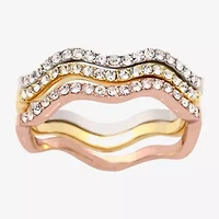 Sparkle Allure Wavy Delicate Stackable Womens Crystal 14K Gold Over Brass 18K Rose Ring Set