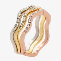 Sparkle Allure Wavy Delicate Stackable Womens Crystal 14K Gold Over Brass 18K Rose Ring Set