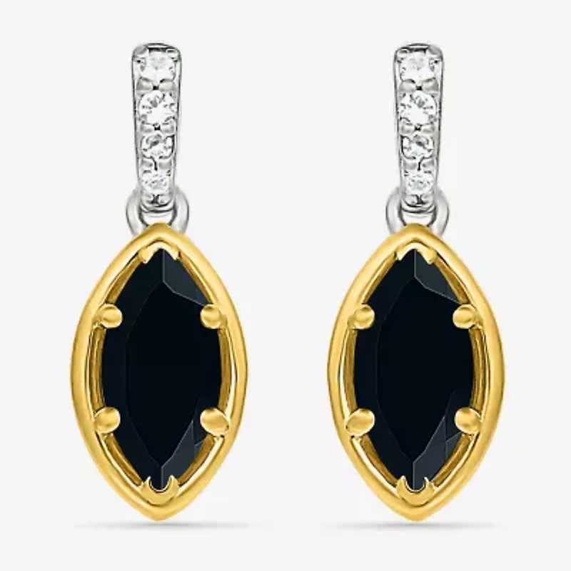 Womens Genuine Black Onyx 10K Gold Sterling Silver Marquise Drop Earrings