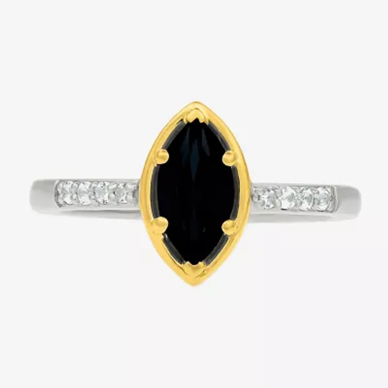 Womens Genuine Black Onyx 10K Gold Sterling Silver Marquise Side Stone Cocktail Ring